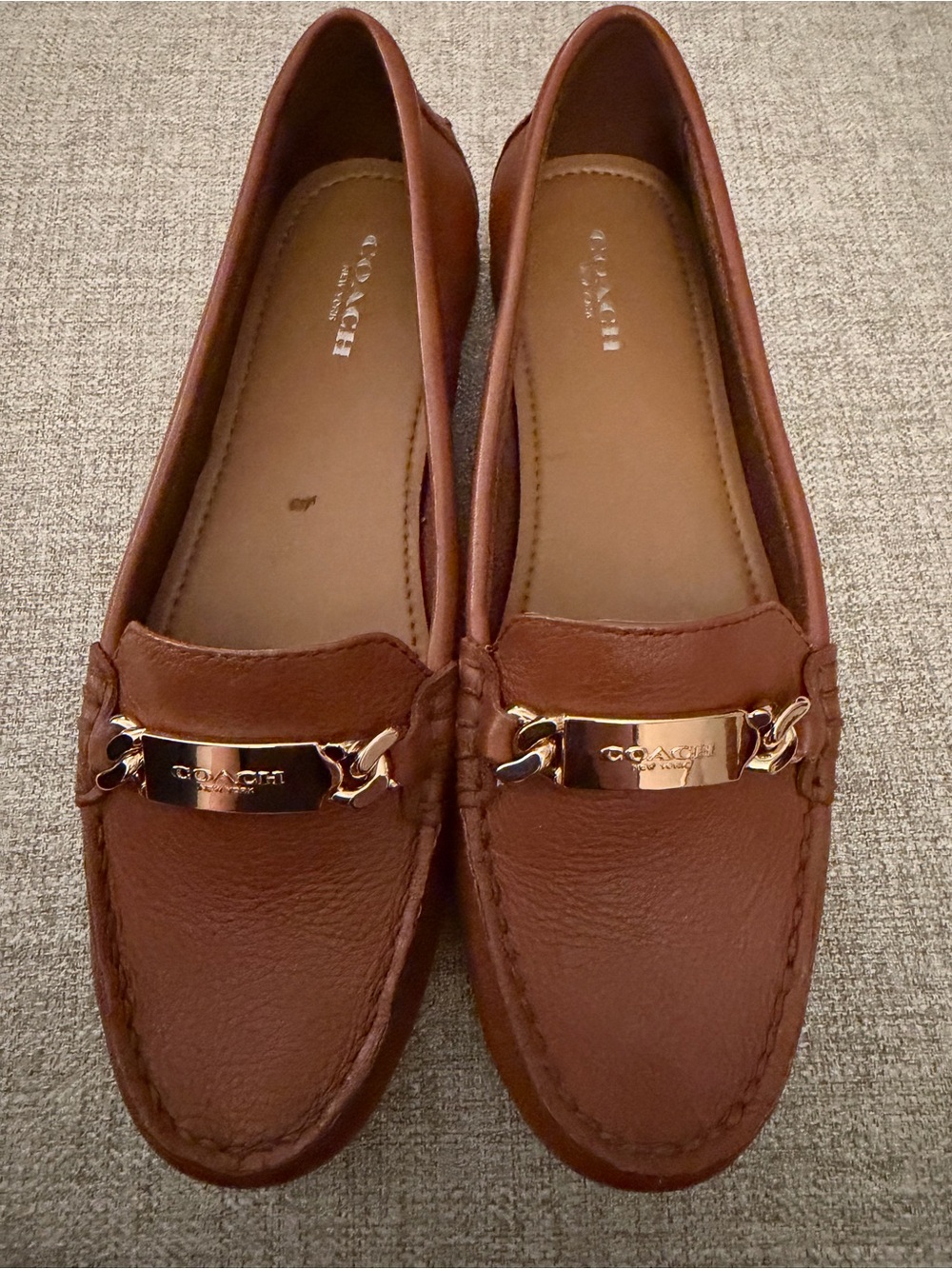 Coach Brown Leather Moccasin Loafers with Gold Plaque